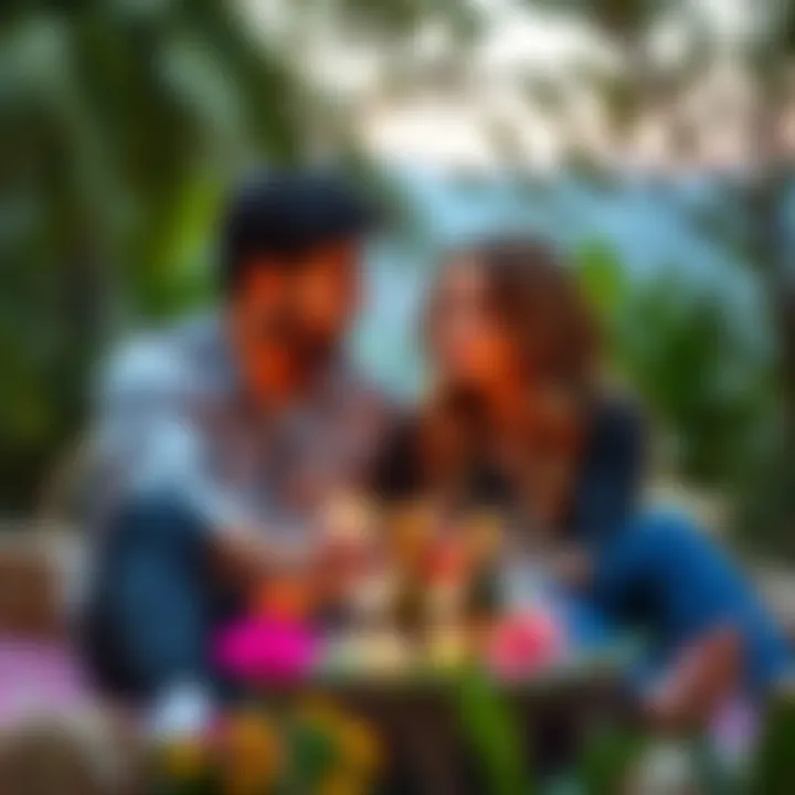 A serene outdoor setting with a couple enjoying a picnic, surrounded by nature