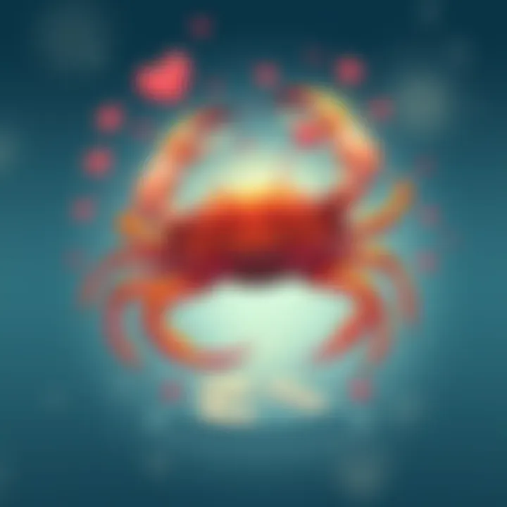 A bright illustration showing the Cancer zodiac sign represented by a crab, with emotional symbols like hearts and tears surrounding it, reflecting nurturing and intense feelings.