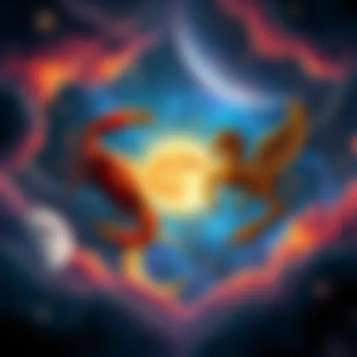 A vibrant illustration showing the symbols of Cancer and Aries in a cosmic setting, representing the interaction of the Sun in Cancer and Moon in Aries.