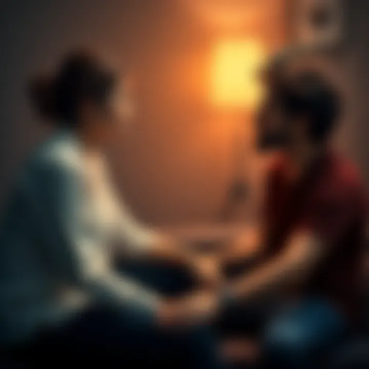 A Cancer woman and a Capricorn man sit together, deeply engaged in a conversation about emotions and relationships, with a calm and thoughtful atmosphere around them.
