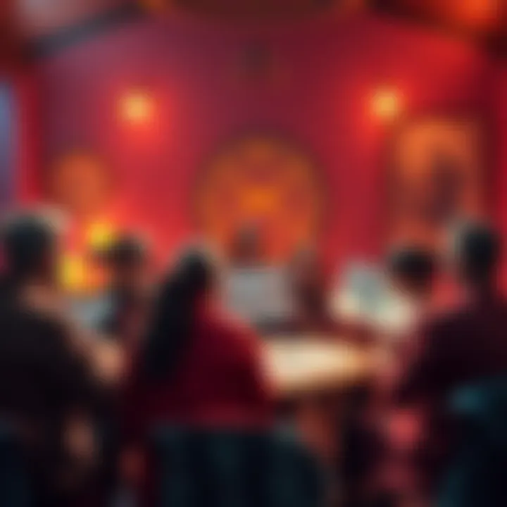 Cancer Community Gathering A group of Cancer ascendants discussing astrology with charts and cosmic symbols in a warm setting.