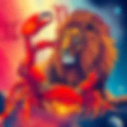 A colorful illustration depicting emotional traits of Cancer and Leo individuals, featuring a crab and a lion, symbolizing sensitivity and drama in their personalities.