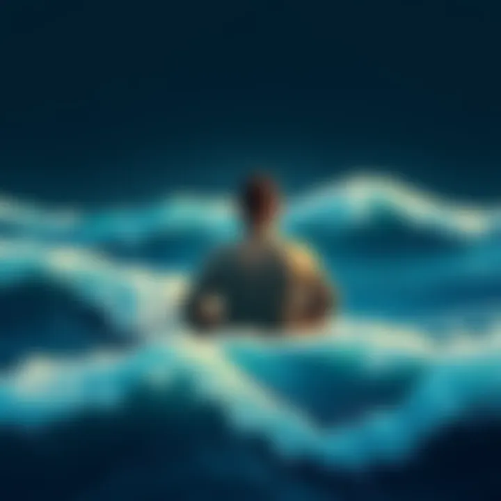 A person sits with a thoughtful expression, surrounded by soft waves representing emotional struggles, symbolizing Cancer Mars in the First House.