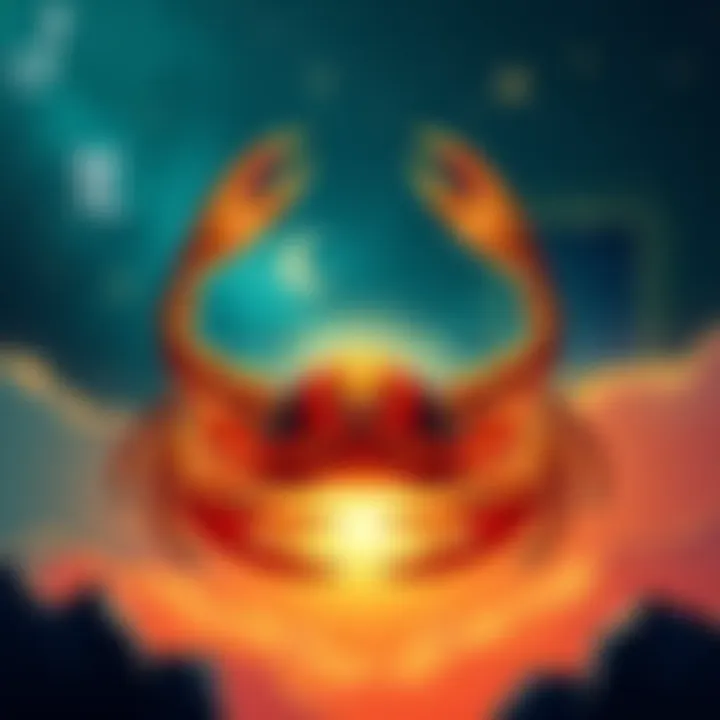 Art depicting the Cancer and Scorpio zodiac signs, showcasing their connection and traits with symbols and colors related to both signs.