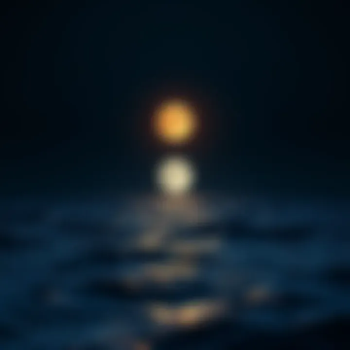 A deep ocean scene with dark waters representing Scorpio and a bright moon shining over the calm surface, symbolizing Cancer's nurturing nature.