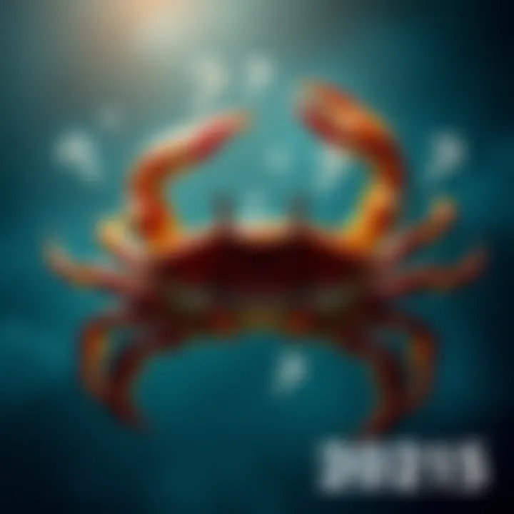 A depiction of the Cancer zodiac sign featuring a crab and floating question marks, symbolizing uncertainty about the year 2025 for Cancer risings.