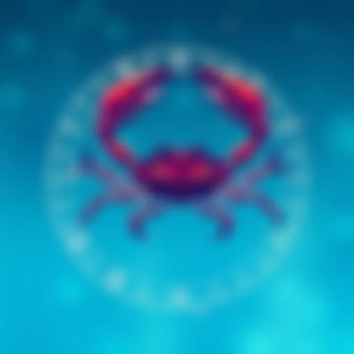 Illustration showing the Cancer zodiac symbol, with a soft blue background and subtle astrological elements, reflecting emotional visibility and vulnerability.