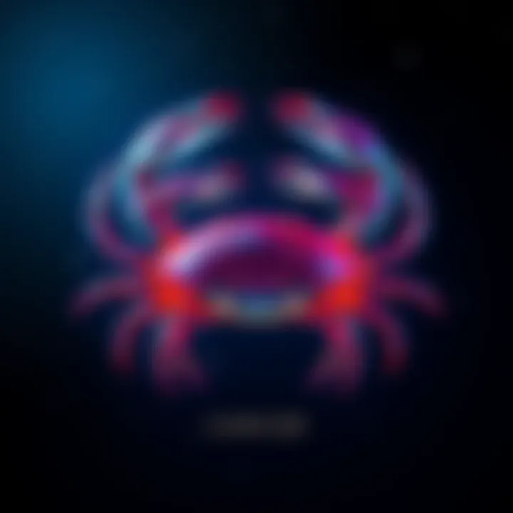 A representation of the Cancer zodiac sign with a crab symbol, showing traits like love and control, set against a starry background.