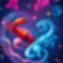 Illustration showing the Cancer and Virgo zodiac signs with stars and astrological symbols in a vibrant background