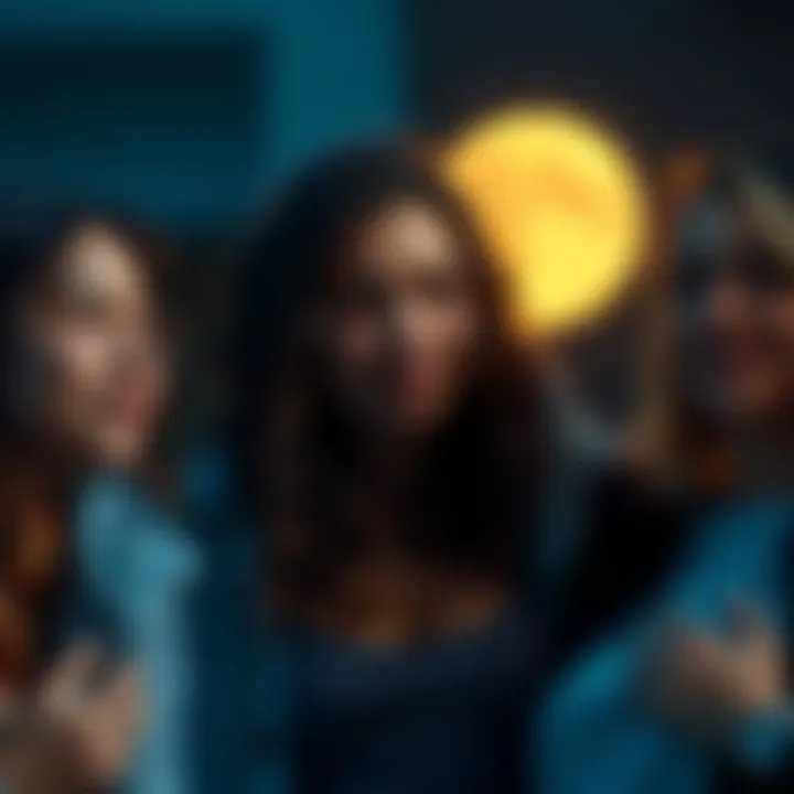 A group of friends with a Cancer zodiac sign showing empathy and support, with a soft moonlight glow around them.