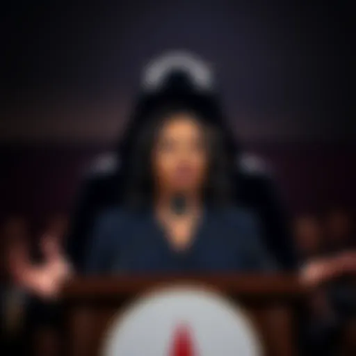 Candace Owens speaking at a podium, with a shadowy figure behind her representing controversy. The background hints at a debate setting.