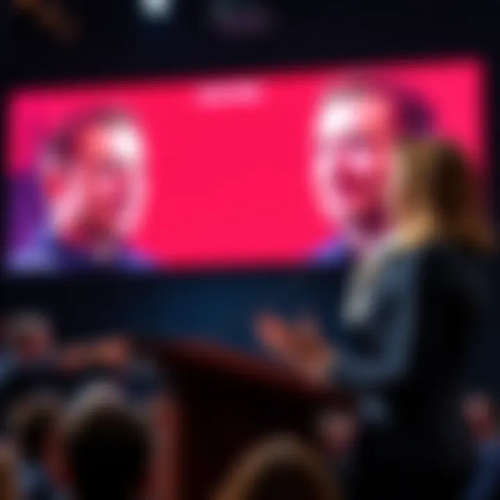 Candace Owens speaking at a podium with images of Elon Musk and Sam Altman in the background, engaging the audience about their non-human qualities.