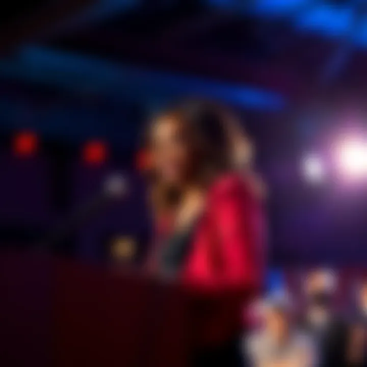 Candace Owens at a podium discussing her views, spotlighted against a crowd, illustrating her recent conflict with Turning Point USA