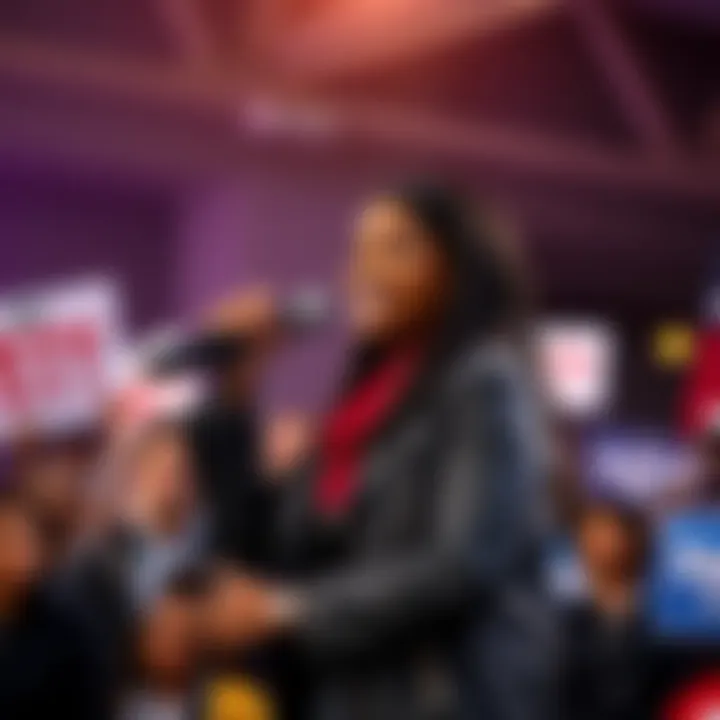 Candace Owens stands on stage at a rally, addressing a crowd with a microphone, advocating for unity against corruption and war.