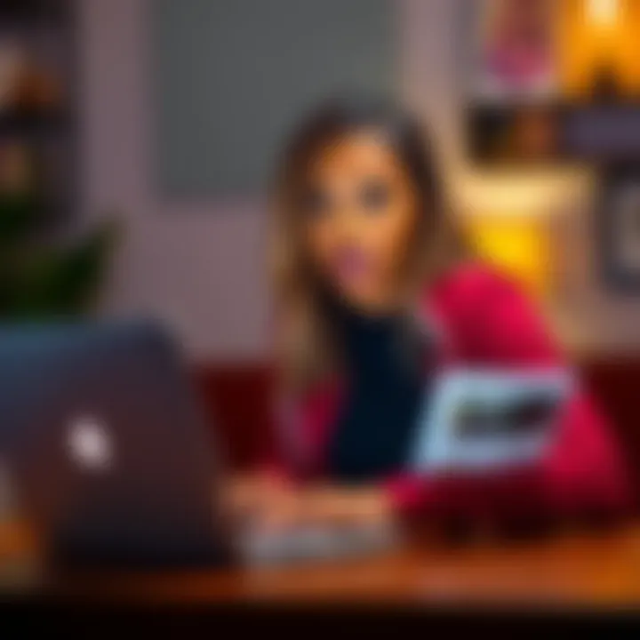 Candace Owens looking surprised while checking her YouTube channel on a laptop, showing missing video thumbnails.