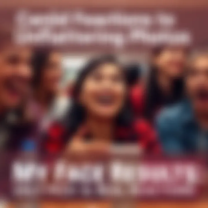 A person laughing while looking at unflattering photos of their face results, surrounded by friends who are also amused.