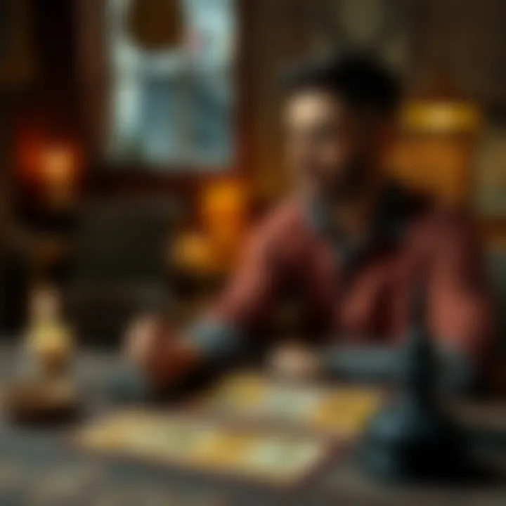 Candidate doing tarot reading A person sitting at a table with tarot cards, looking thoughtful after a job interview