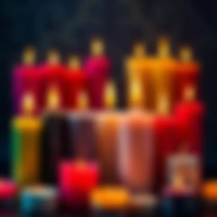 Various colored candles arranged for custody spells