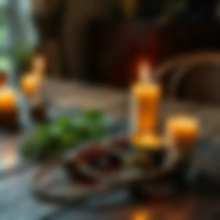 A setup for a spell casting ritual with candles, herbs, and a thread connection on a wooden table.