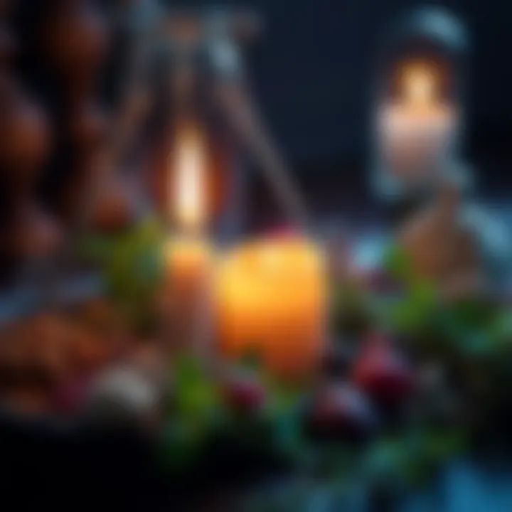A candle with various herbs surrounding it, symbolizing the elements of spellcasting and intention