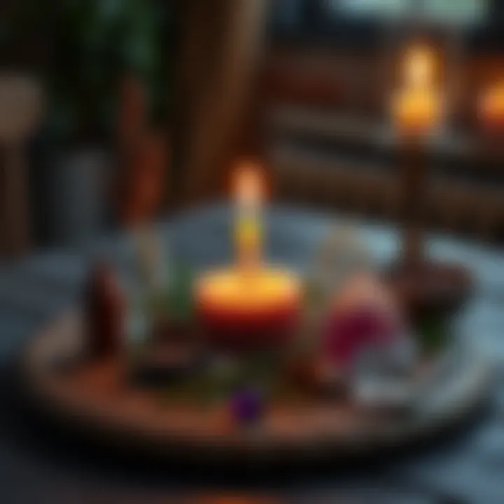 A table with a lit candle, herbs, and crystals arranged for a love spell