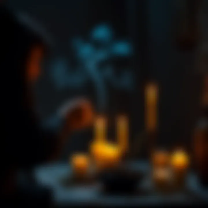Candle Ritual for Banishment A person lighting candles in a dim room to perform a ritual to banish spirits, with smoke rising from the candles and herbs on a small table nearby.