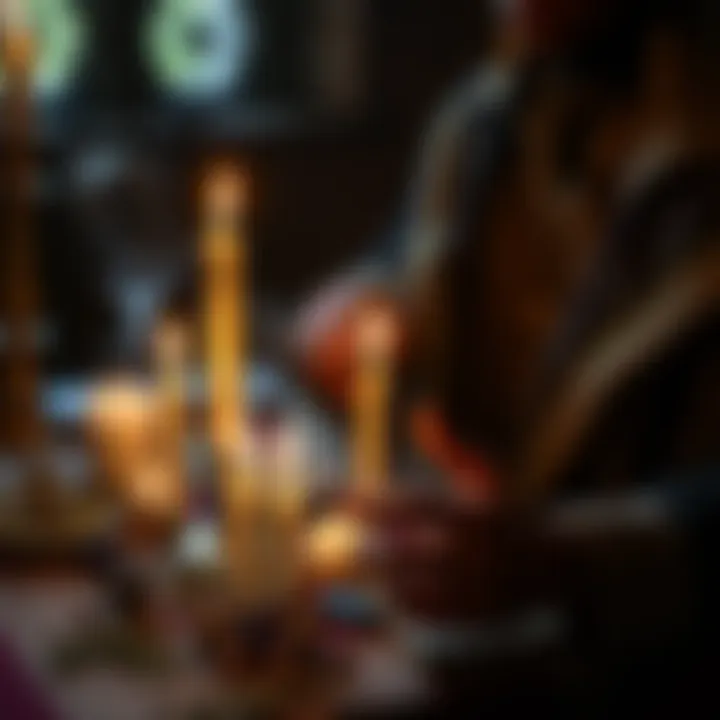 A person performing a binding spell ritual with candles safely placed on a table, surrounded by herbs and crystals.