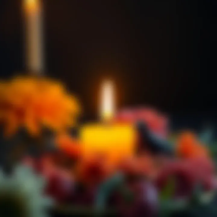 A candle with a flickering flame surrounded by flowers and a small crow figurine, symbolizing a job interview spell casting.