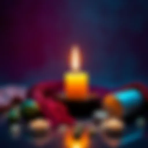 A candle surrounded by personal items, including pubic hair, symbolizing passion during a Venus day ritual.