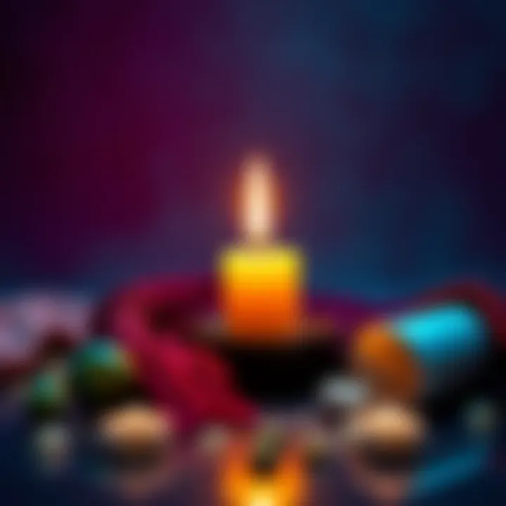 A candle surrounded by personal items, including pubic hair, symbolizing passion during a Venus day ritual.