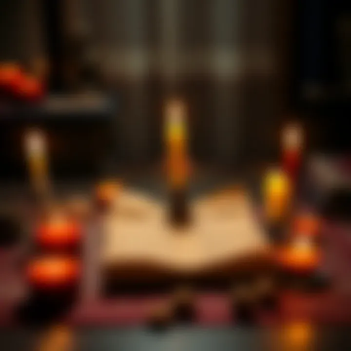 A ritual setup with candles, offerings, and a petition scroll on a table, focusing on intention and spellwork.