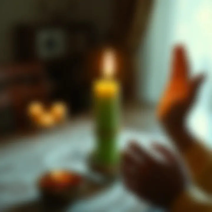 A green and gold candle lit on a table, symbolizing job growth and financial abundance, with a person's hands raised in prayer.