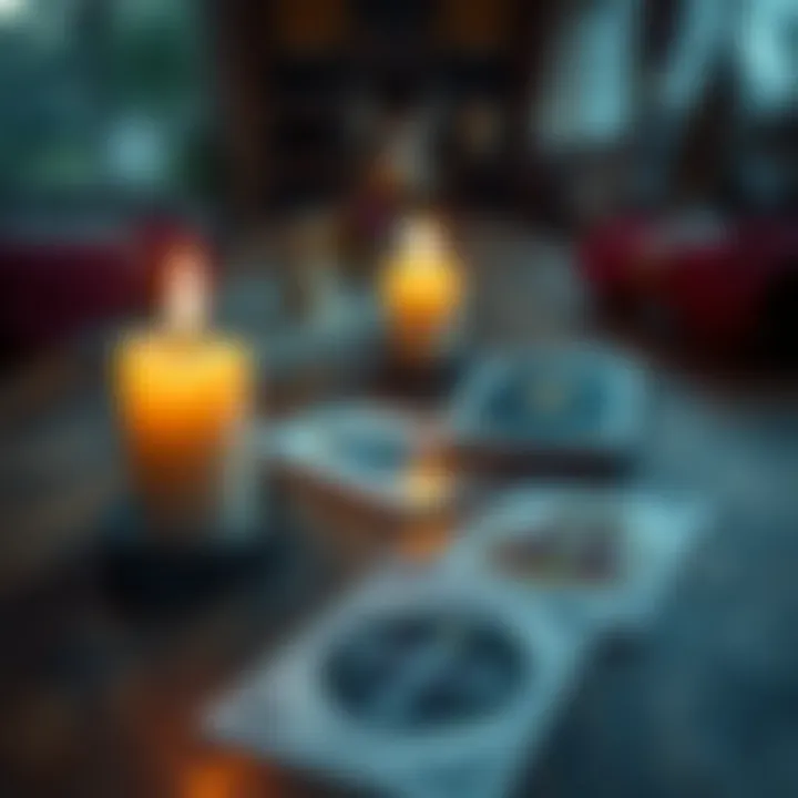 A candle lit next to tarot cards on a wooden table, representing the blend of Catholicism and witchcraft.