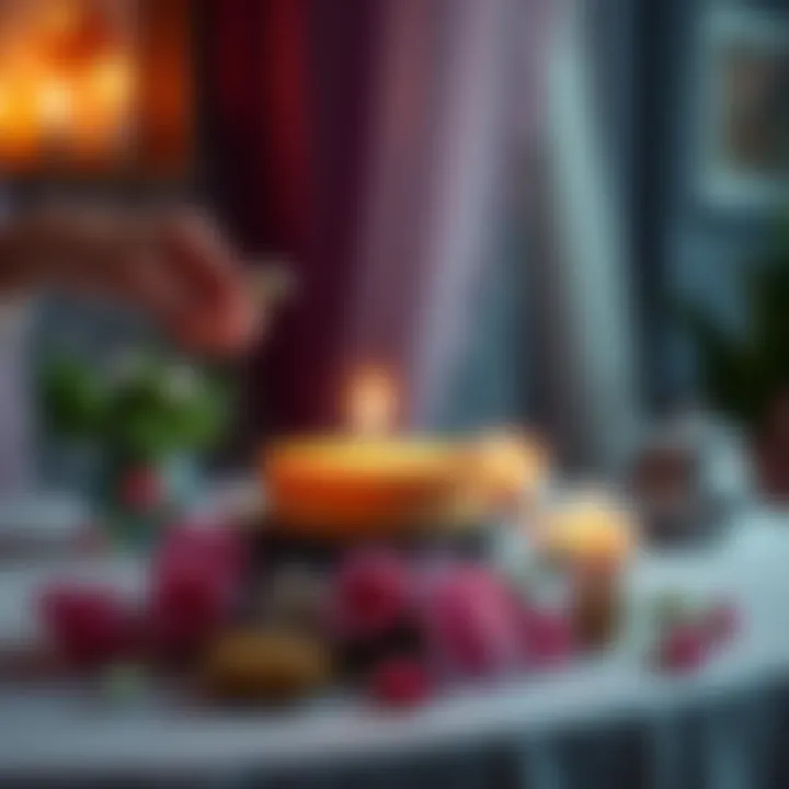 A candle warmer on a table with flowers, symbolizing a tribute to Aphrodite without using open flames.