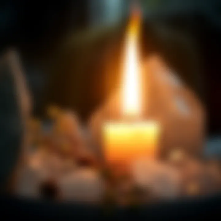 A glowing candle surrounded by herbs and crystals, symbolizing candle magic