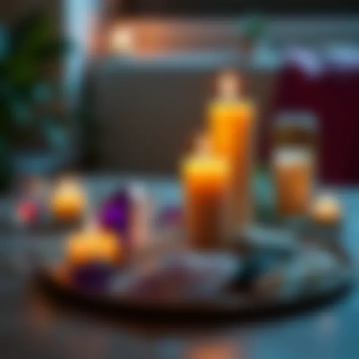 Candle and Crystal Setup A setup with burning candles and colorful crystals arranged on a wooden table, creating a calming and mystical atmosphere.