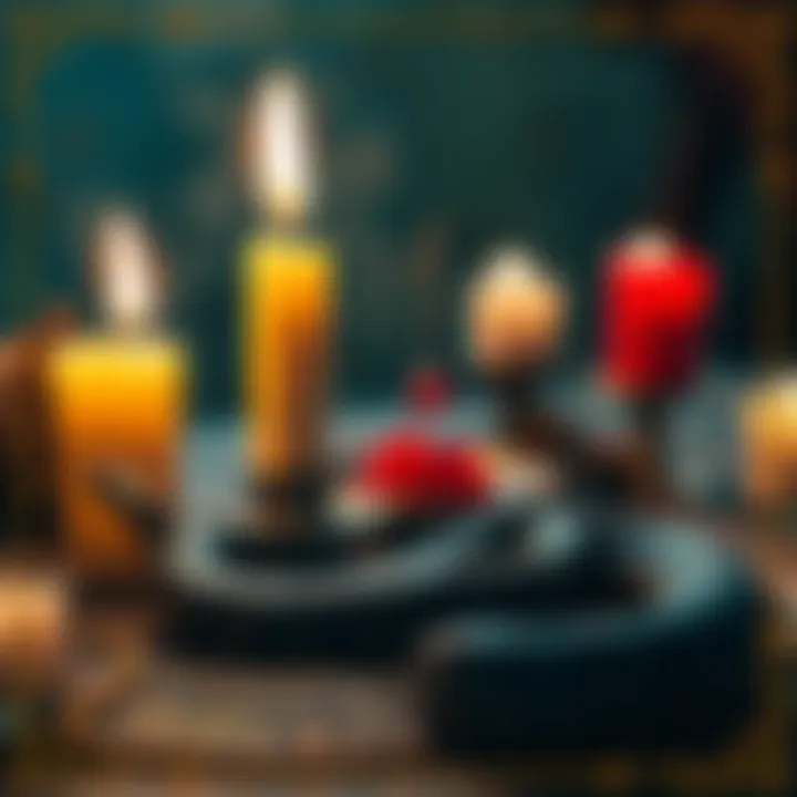 A candle lit on Mother's altar with a snake shedding its skin nearby, symbolizing transformation.