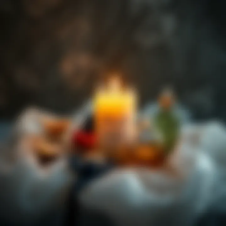 A candle surrounded by natural elements representing earth, air, fire, and water. Each element is displayed with corresponding scents, creating a ritual space.