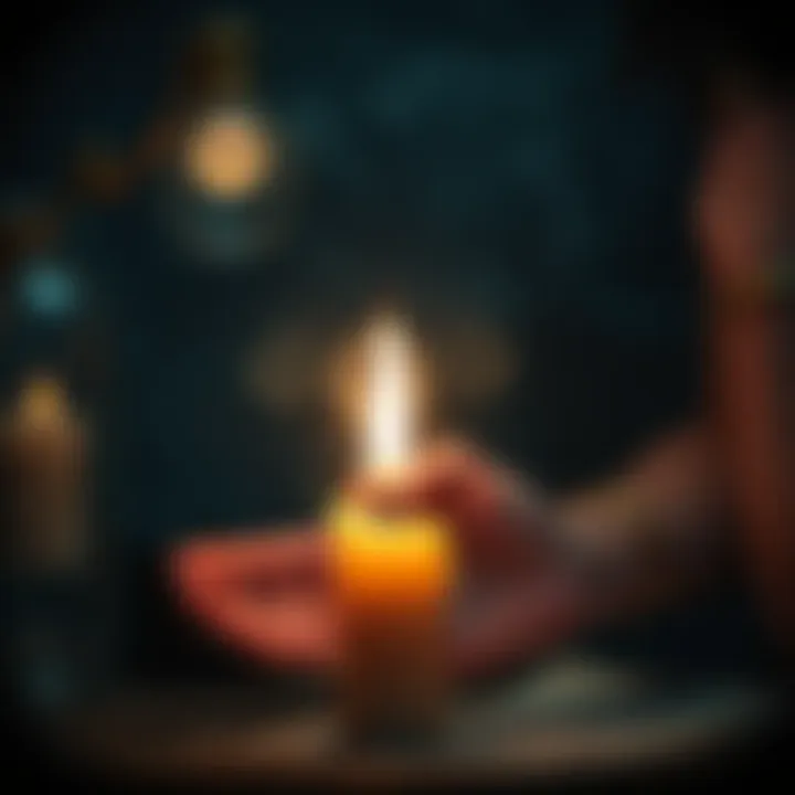 A glowing candle flame flickering as a person performs a banishing spell with a focus on energy and intention