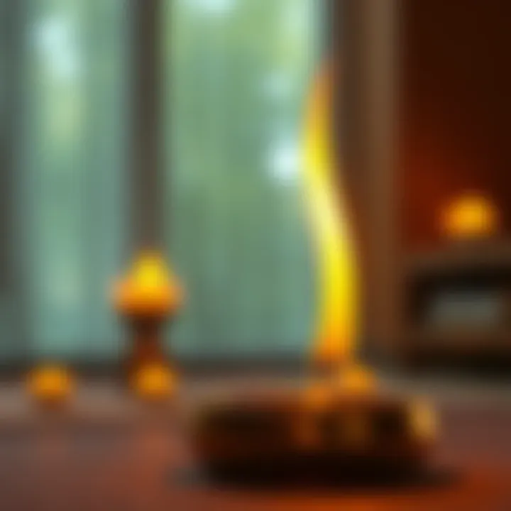 A close-up view of a dancing candle flame with soft light illuminating a meditation space, capturing the essence of candle rituals and meditation practice.