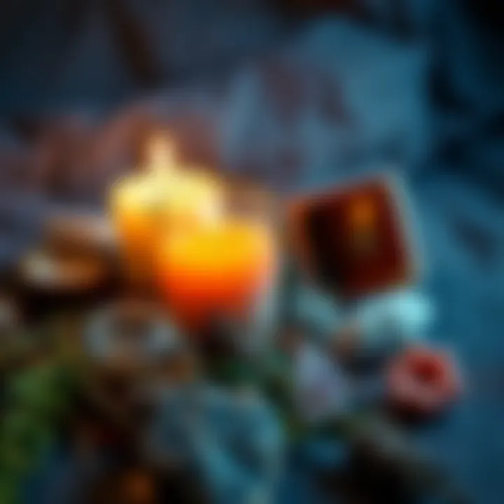 A candle surrounded by herbs and crystals set up for a communication spell to reconnect with an ex- partner