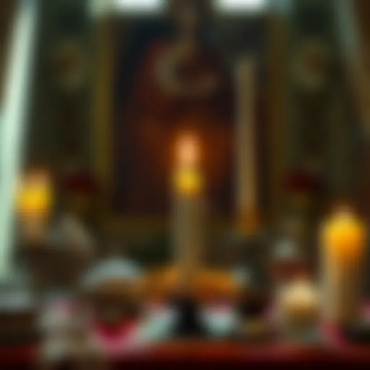 A lit candle dedicated to Hypnos on a decorated altar with various items around it, showcasing both soft light and shadows.