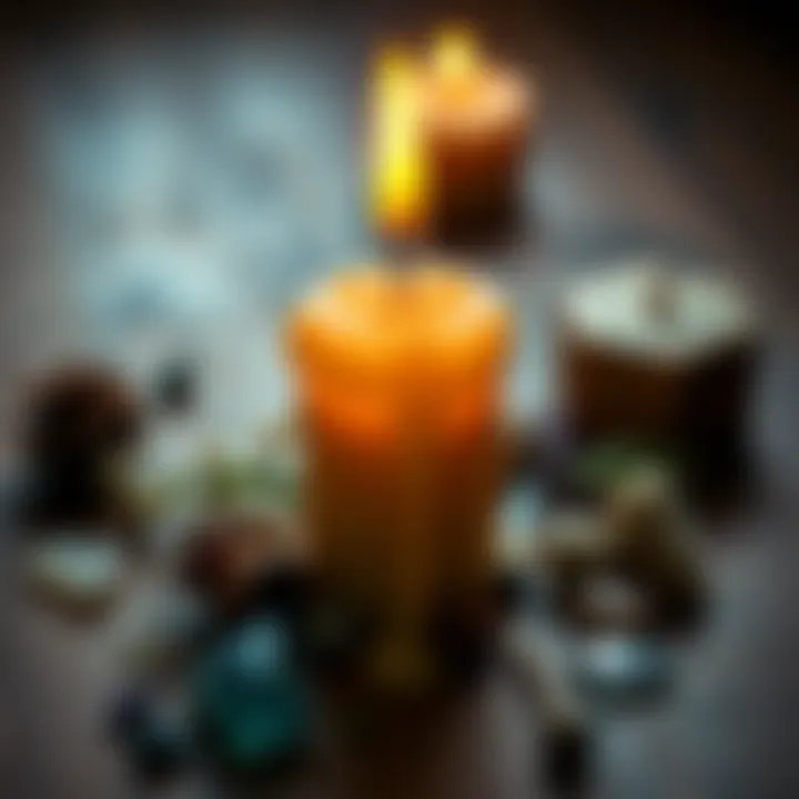 Candle with Melted Wax Number 7 A close-up of a candle with melted wax shaped like the number 7, surrounded by herbs and crystals on a wooden table