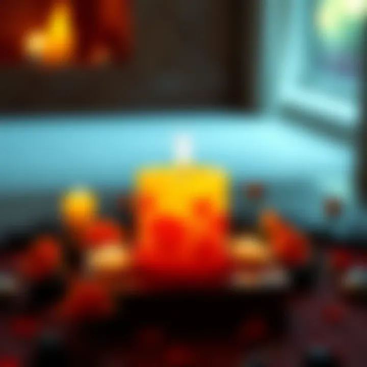 A beautifully carved candle dedicated to the goddess Aphrodite, featuring floral designs and vibrant colors, placed on a decorative altar with flowers and stones around it.