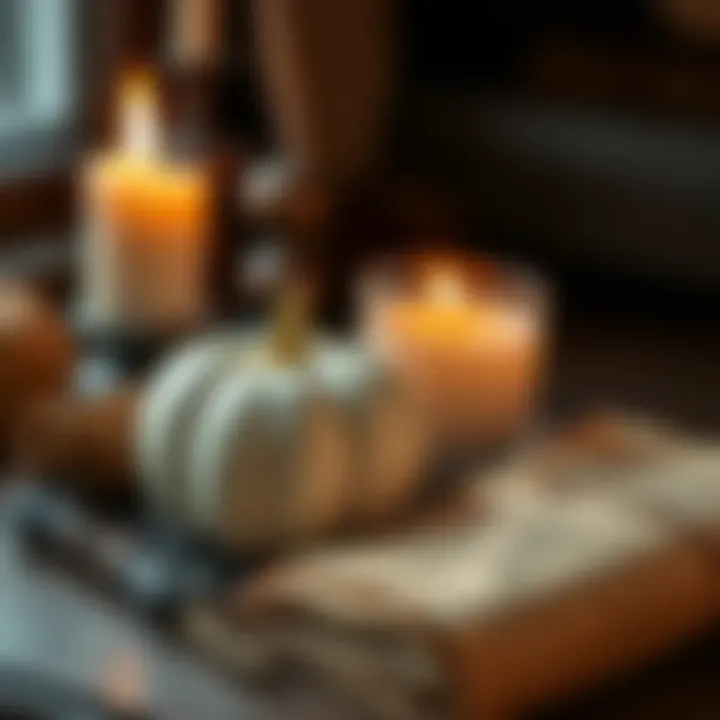 A white pumpkin candle next to burnt parchment in a cozy ritual setting, evoking a sense of renewal for the new year.