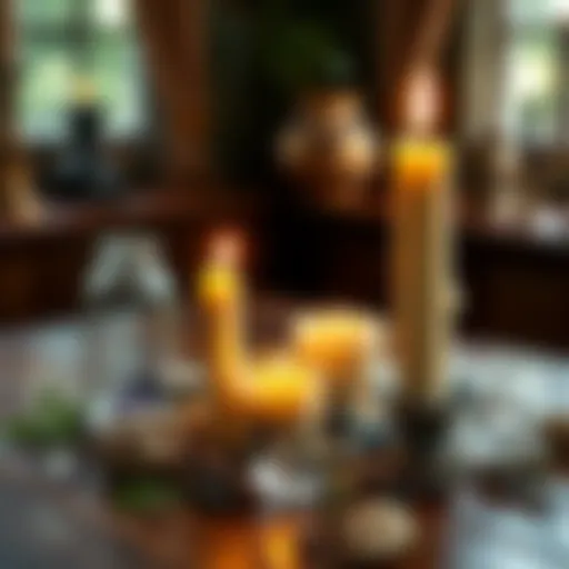 A lit candle surrounded by herbs and crystals for protection spells on a wooden table