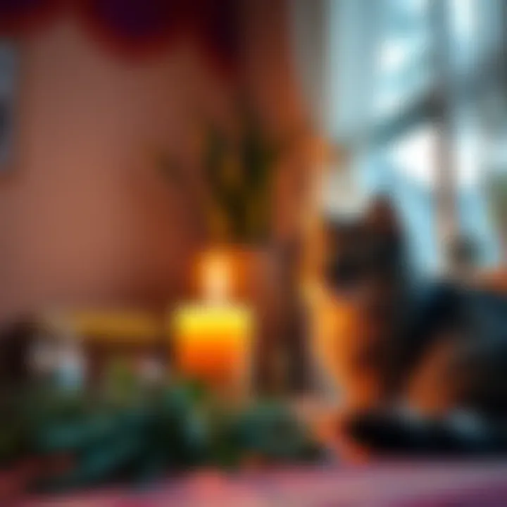A serene home setting featuring a candle surrounded by herbs and a curious cat, emphasizing candle safety for pet owners.