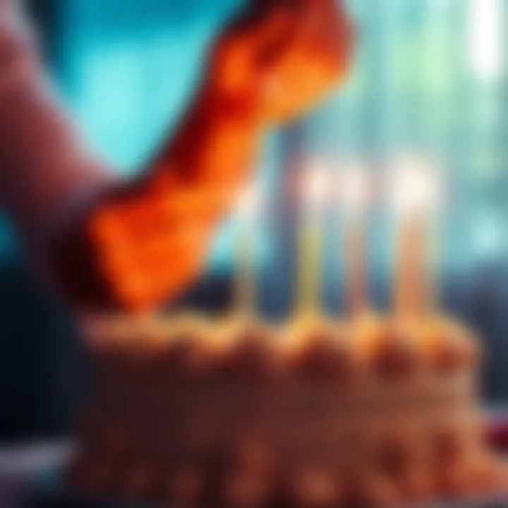 Candle Snuffing A birthday cake with lit candles and a person using a candle snuffer to extinguish them gently.