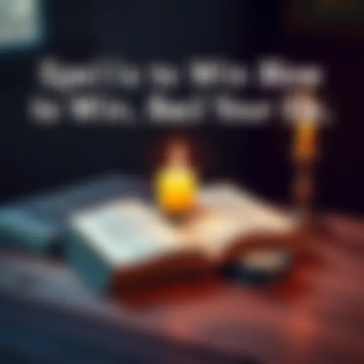 A candle and an open spell book on a wooden table, symbolizing love spells, with a warm glow around them.
