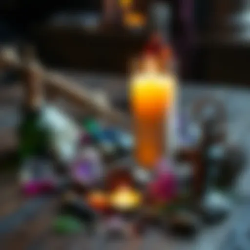 A candle surrounded by various spell casting tools like crystals and herbs on a wooden table